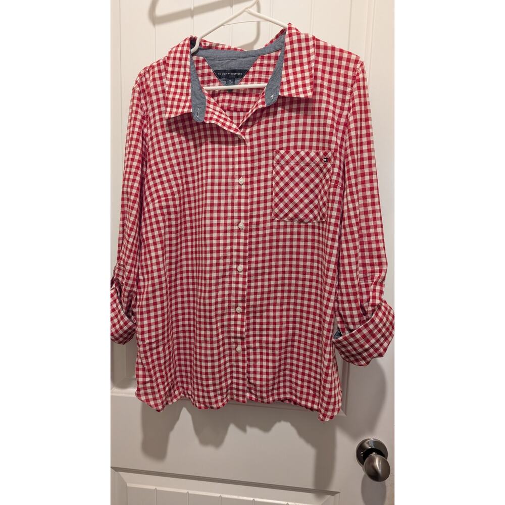 TOMMY HILFIGER Red Gingham Preppy Nautical Button Up Roll Up Top SZ XL